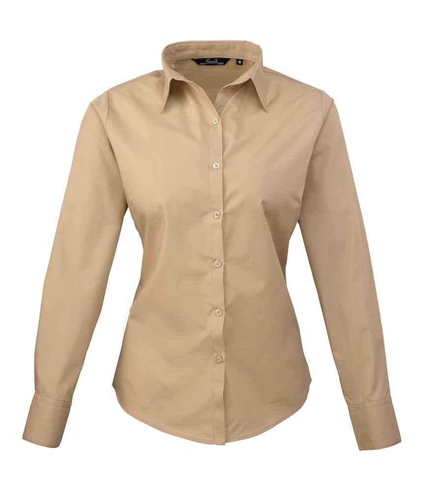Premier Ladies Long Sleeve Poplin Blouse - Khaki