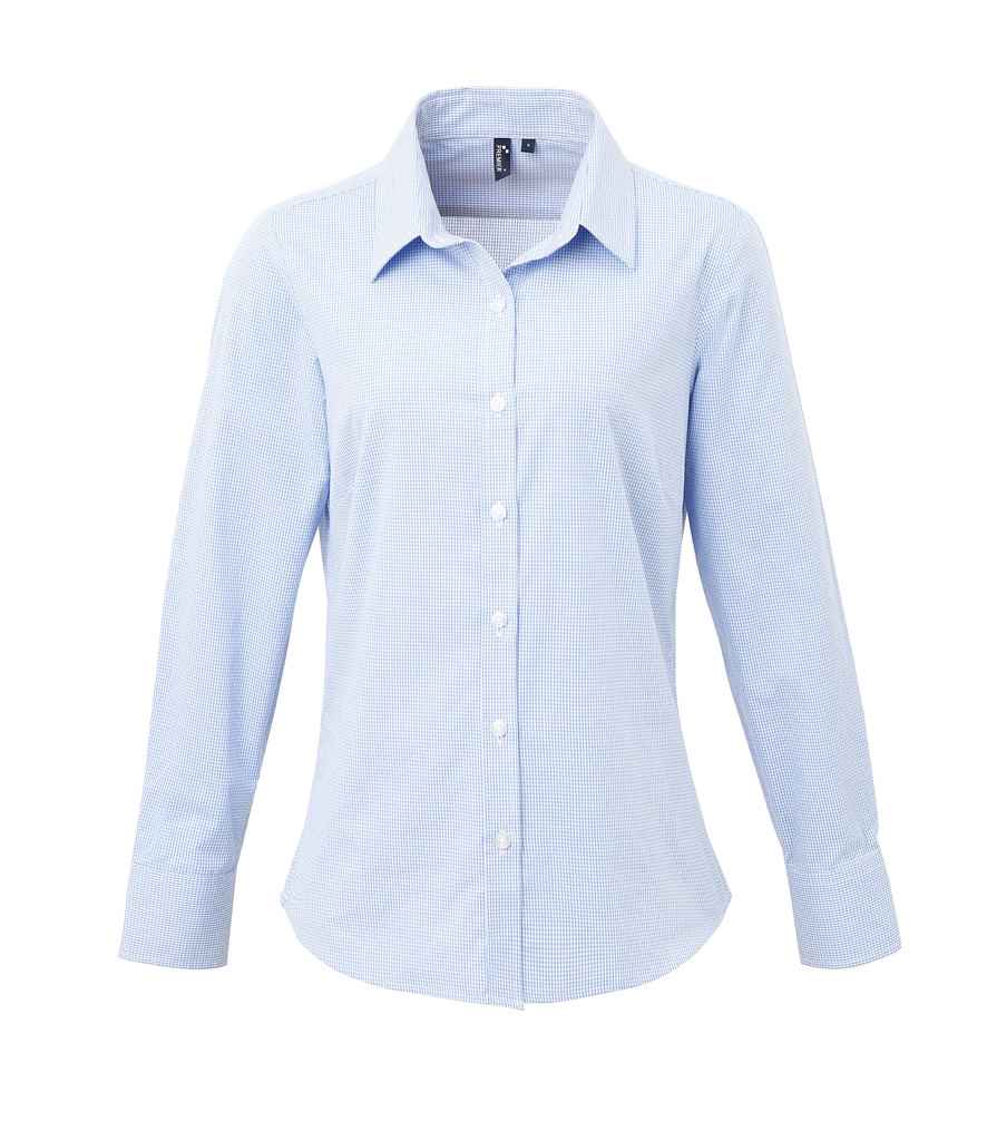 Premier Ladies Gingham Long Sleeve Shirt - Light Blue/White