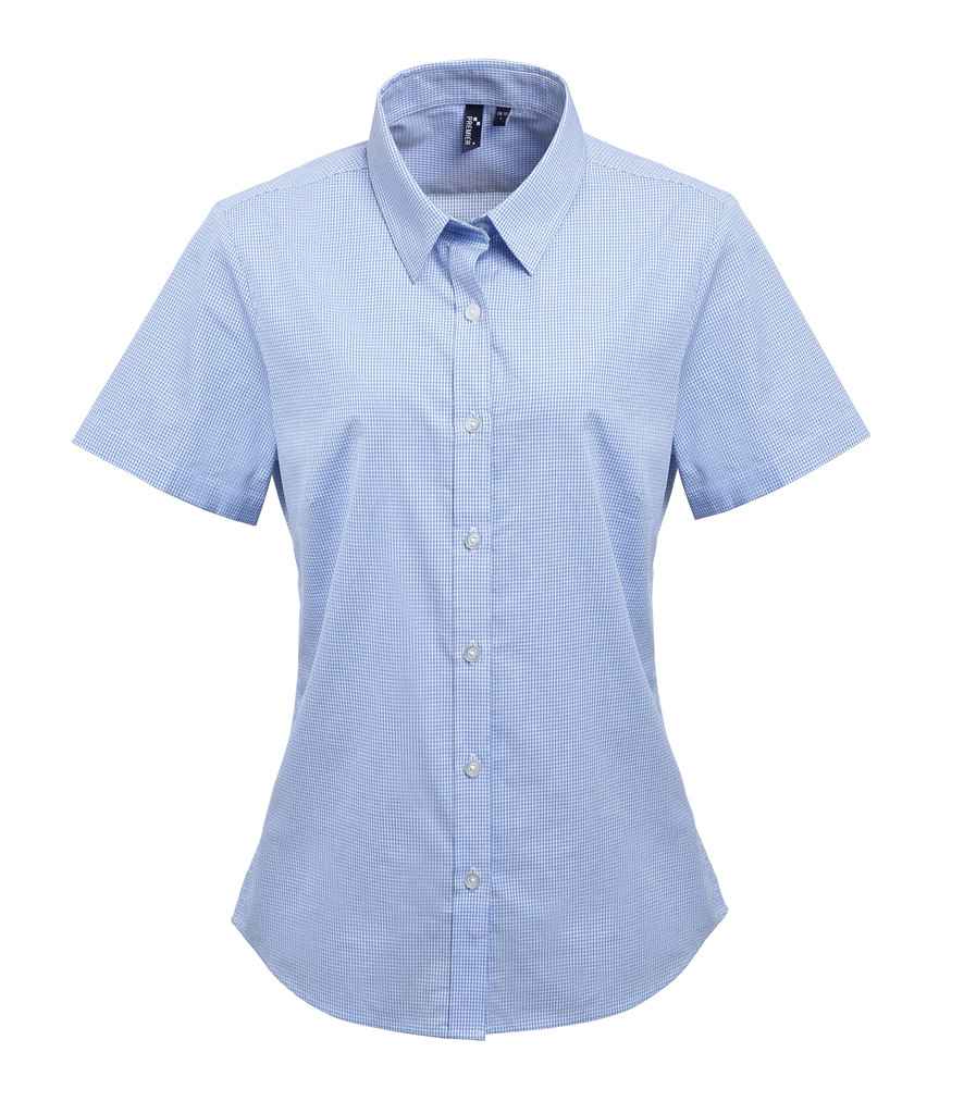 Premier Ladies Gingham Short Sleeve Shirt - Light Blue/White