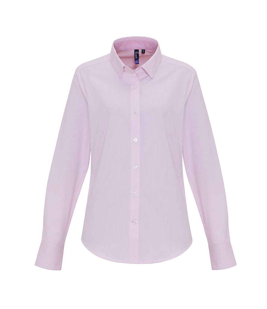 Premier Ladies Long Sleeve Striped Oxford Shirt - White/Pink