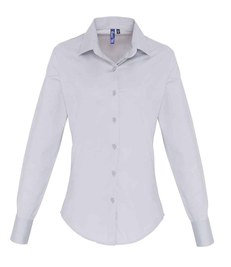 Premier Ladies Long Sleeve Stretch Fit Poplin Shirt - Silver