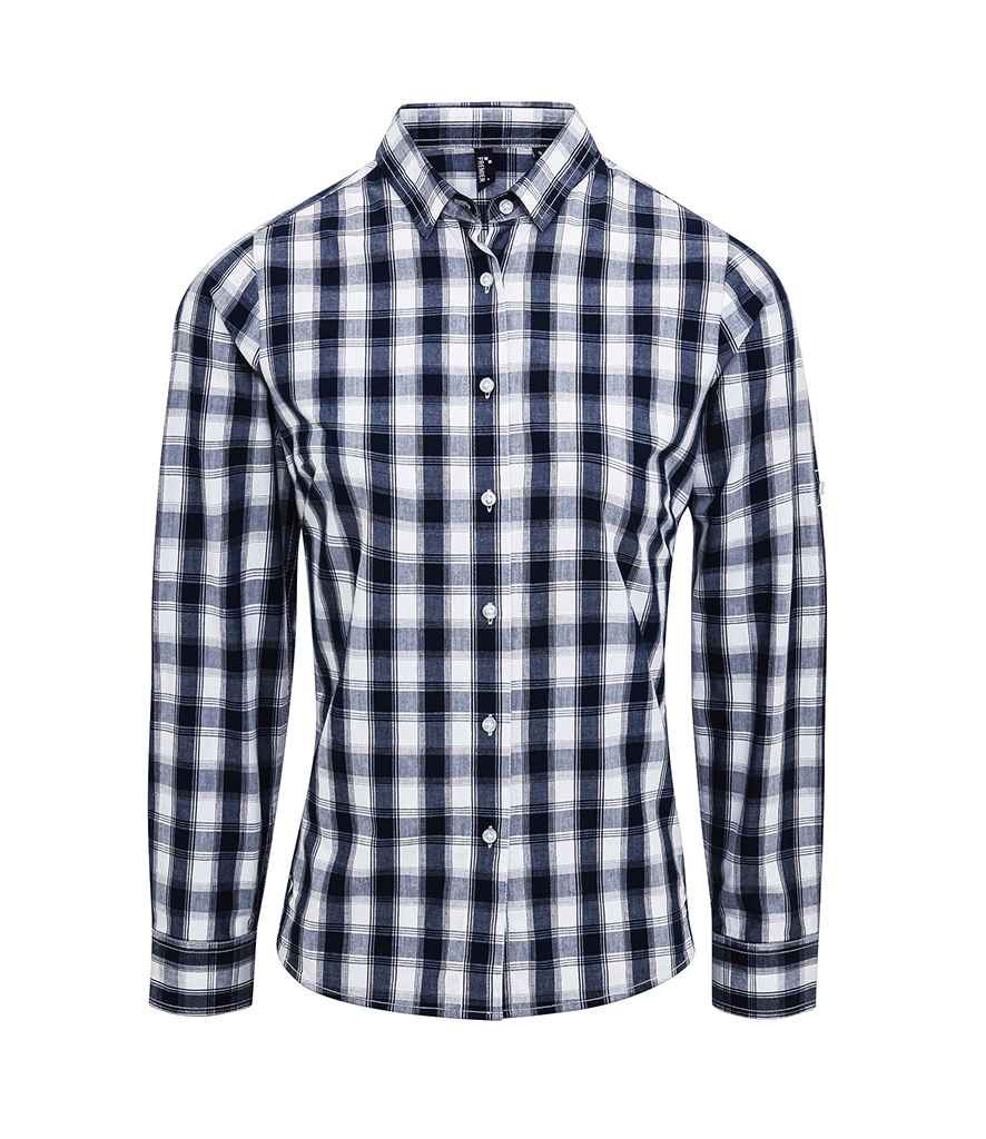 Premier Ladies Mulligan Check Long Sleeve Shirt - White/Navy