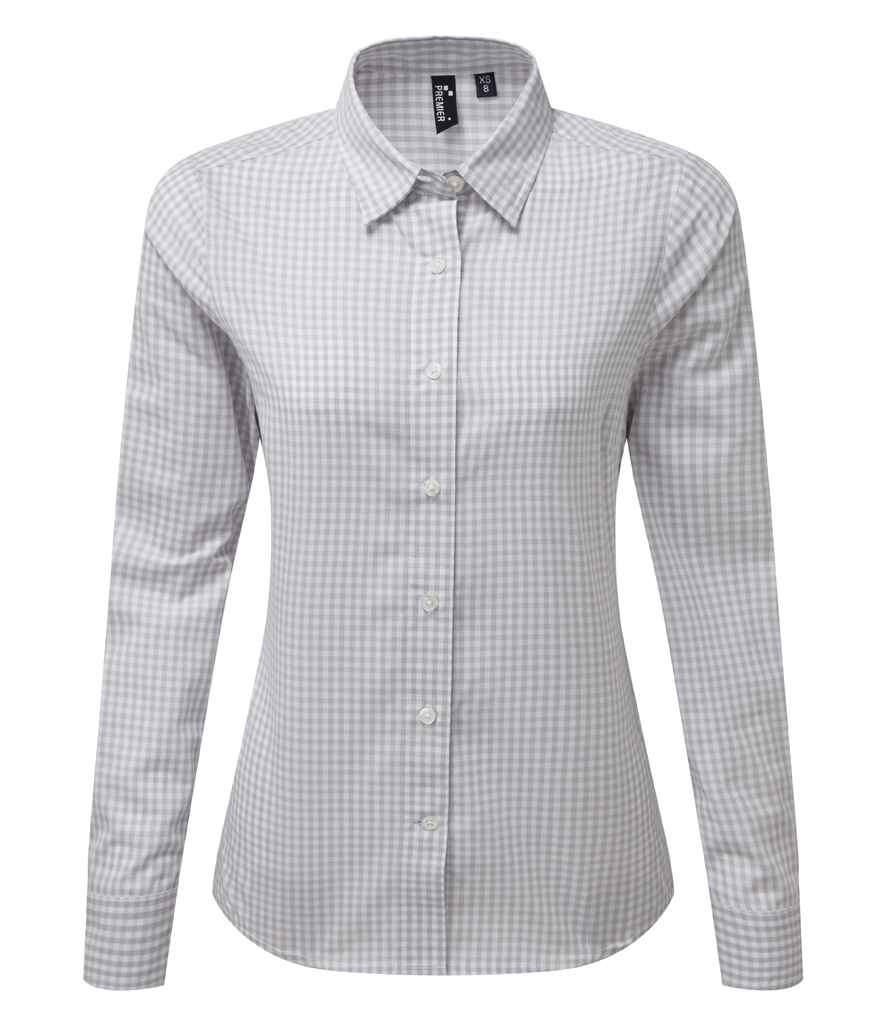 Premier Ladies Maxton Check Long Sleeve Shirt - Silver/White