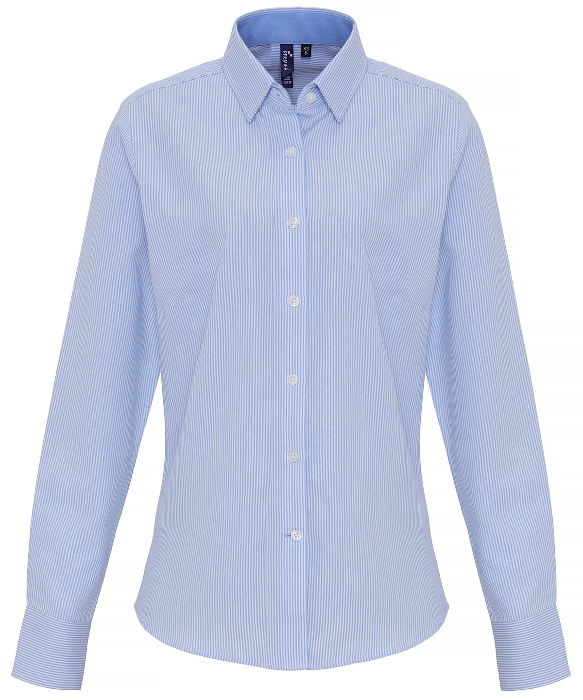 Premier Ladies Long Sleeve Striped Oxford Shirt - White/Light Blue