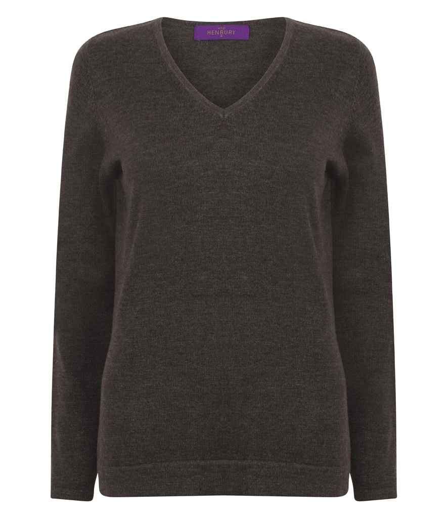 Henbury Ladies Lightweight Cotton Acrylic V Neck Sweater - Grey Marl