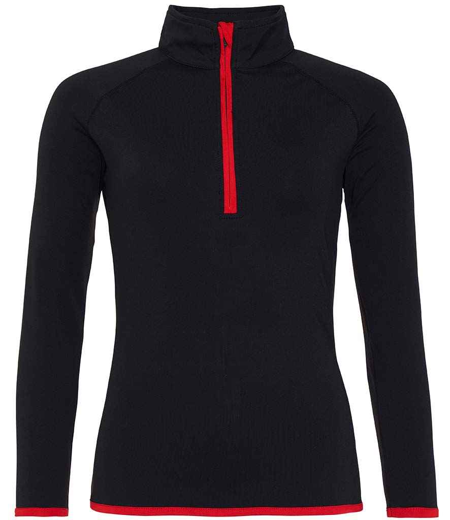 AWDis Ladies Cool Half Zip Sweat Top - Jet Black/Fire Red